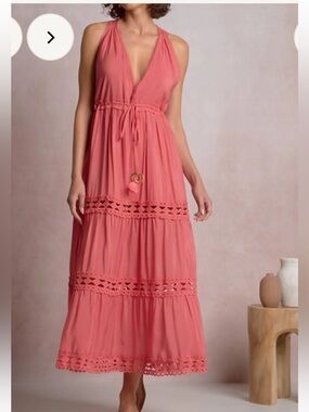 Elan Coral Halter Maxi Dress with Lace Insets